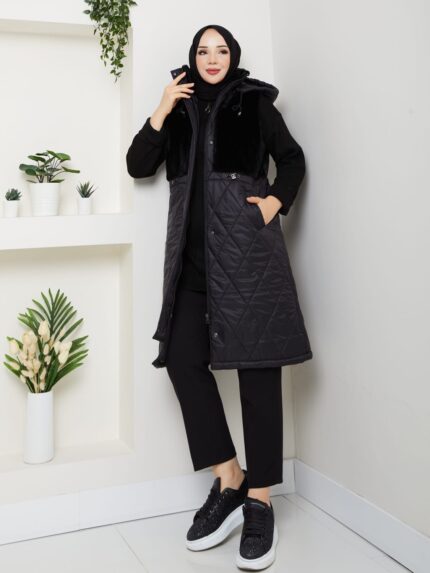 On kürklü yelek sıyah