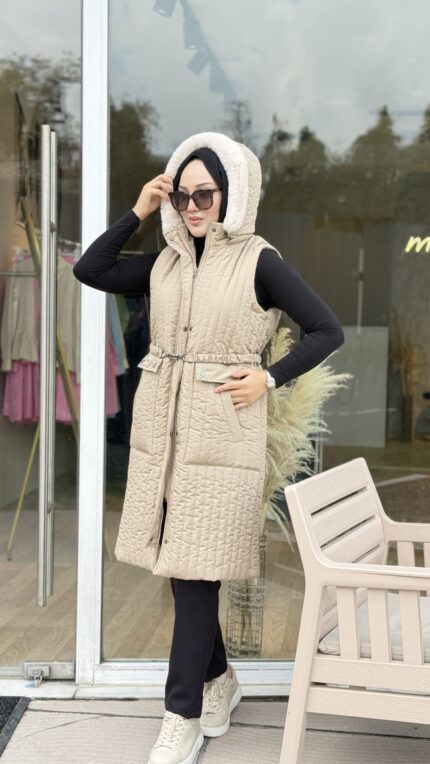 Camel renk Kemerlı yelek