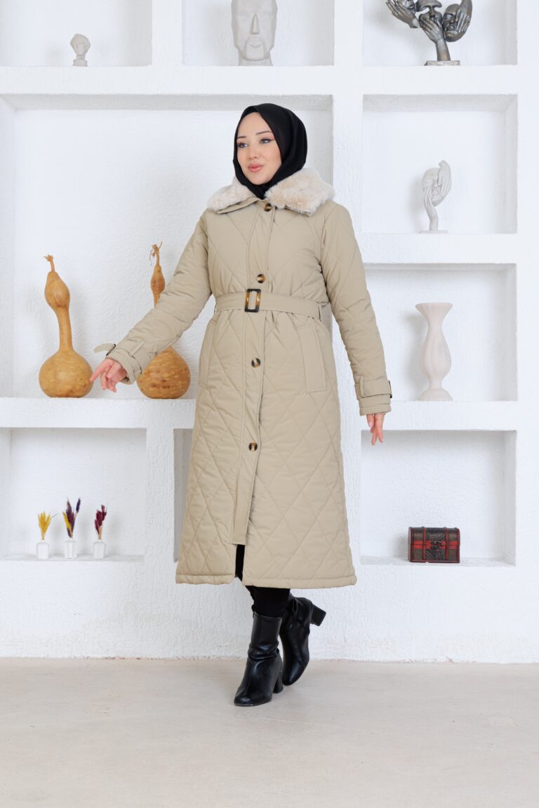 Bej renk kemerlı mont