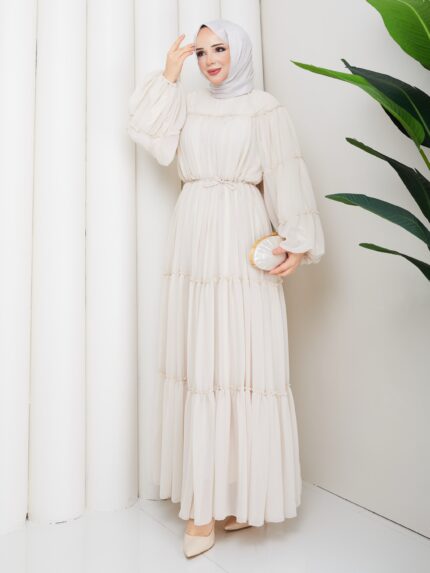 Krem renk sıfon elbise