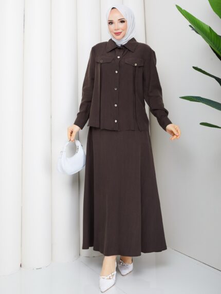 Kahverengı tensel kumaş ıkılı takım