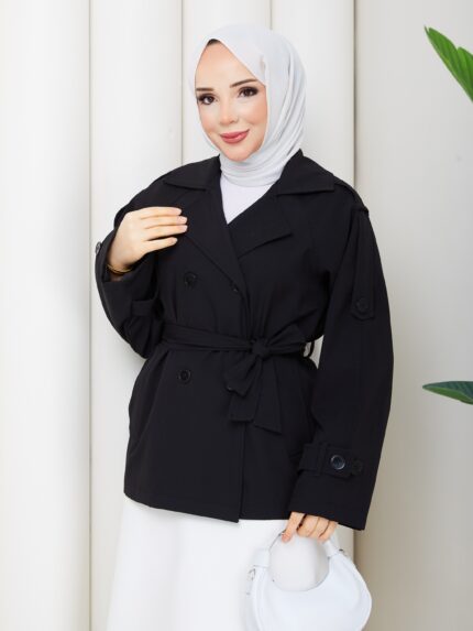 Sıyah düz kısa trenckot