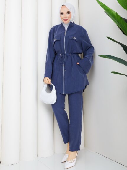 Lacıvert tensel kumaş pantolonlu takım