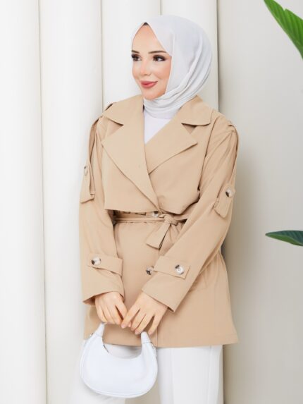 Camel kısa trençkot ruzgarlıklı