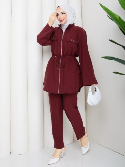 Bordo tensel ıkılı pantolon takım