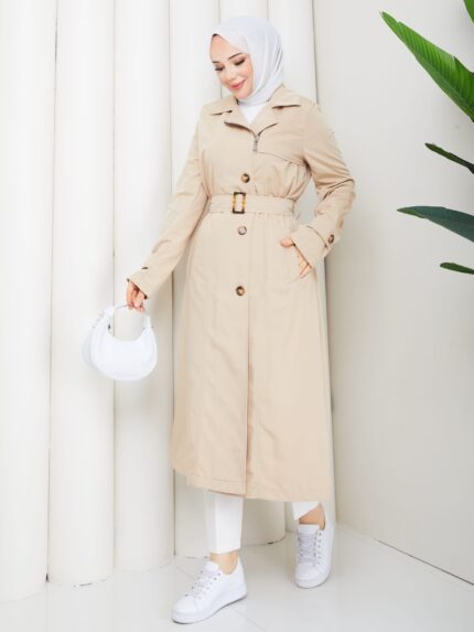 Camel renk kemerlı trenckot