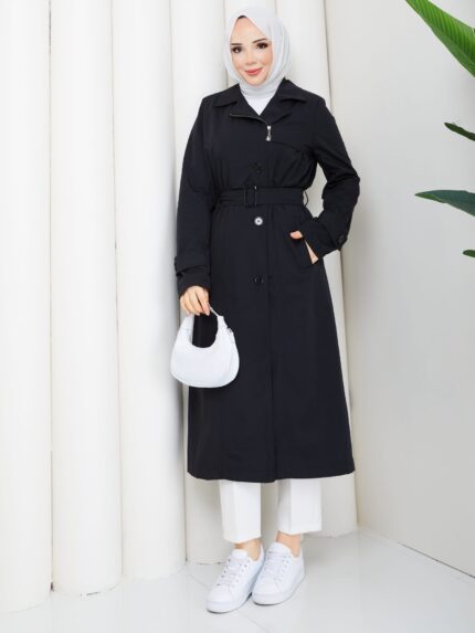 Sıyah kemerlı trenckot