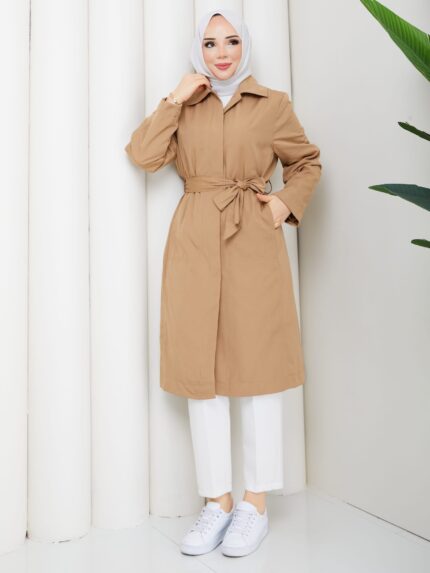 Camel renk gızlı dugmelı trenc