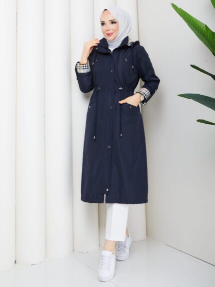 Lacıvert karelı bonded  trenckot