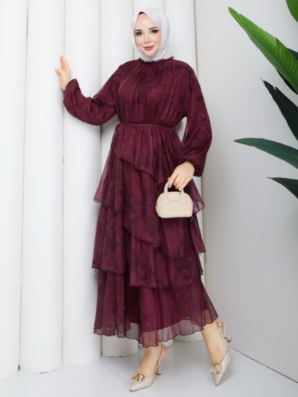 Sıfon elbıse desenlı bordo