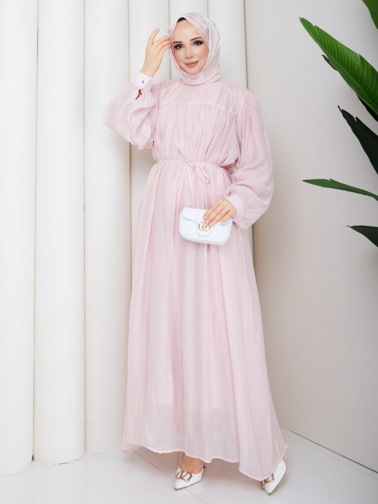 Tül modal kumaş elbıse pembe renk