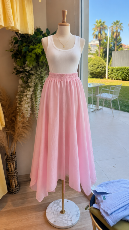 Tül modal kumaş etek pembe
